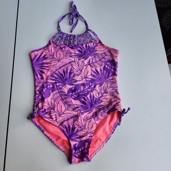 Breaking Waves Big Girls Size 12 Pink Purple One-Piece Tropical Swimsuit - Picture 1 of 7